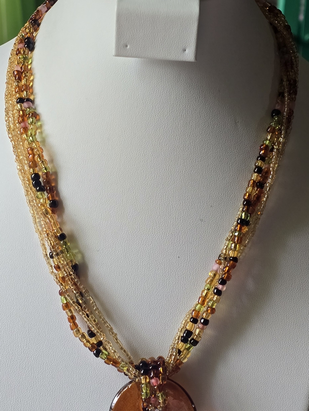 Multicolor Glass Bead Statement Necklace - Gold & Amber Tones